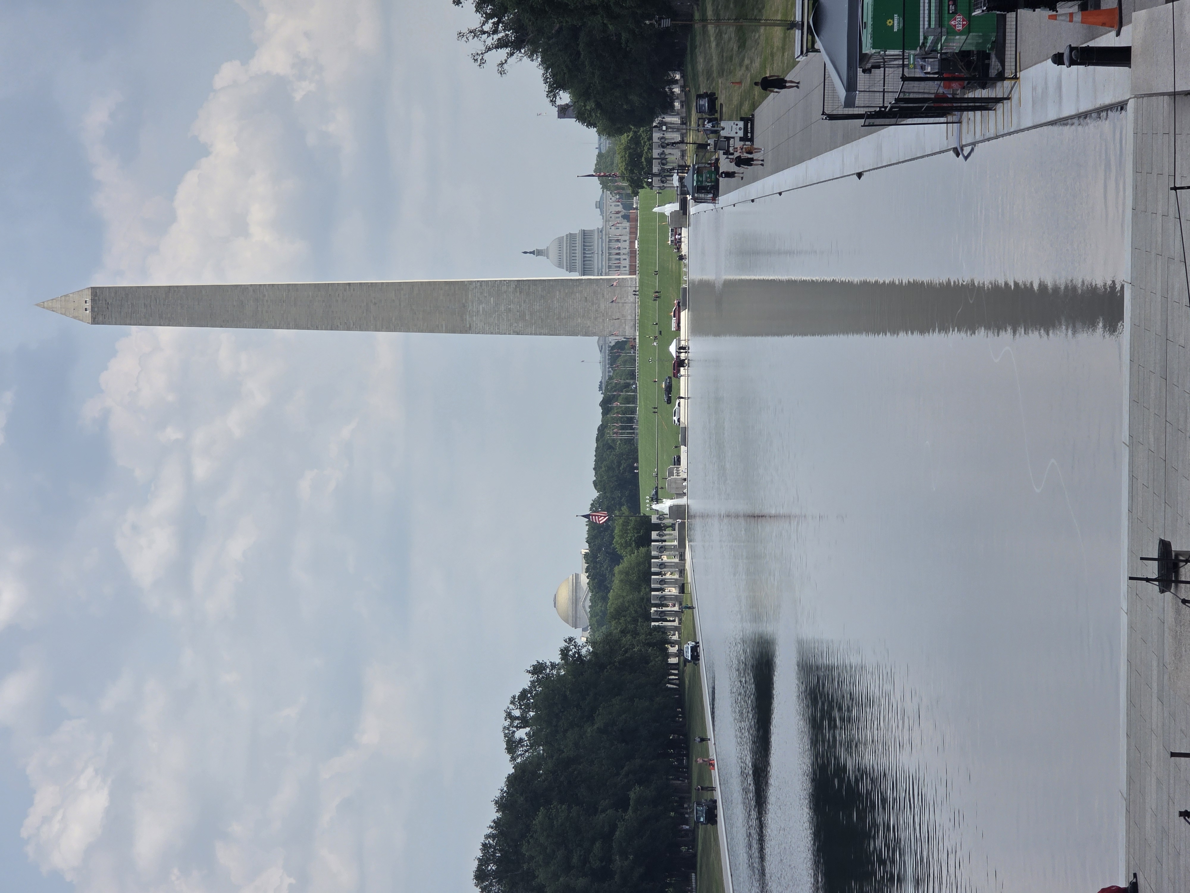 The Washington Monument reflected in the pool on the National Mall, the Capitol dome visible behind, under an afternoon sky.